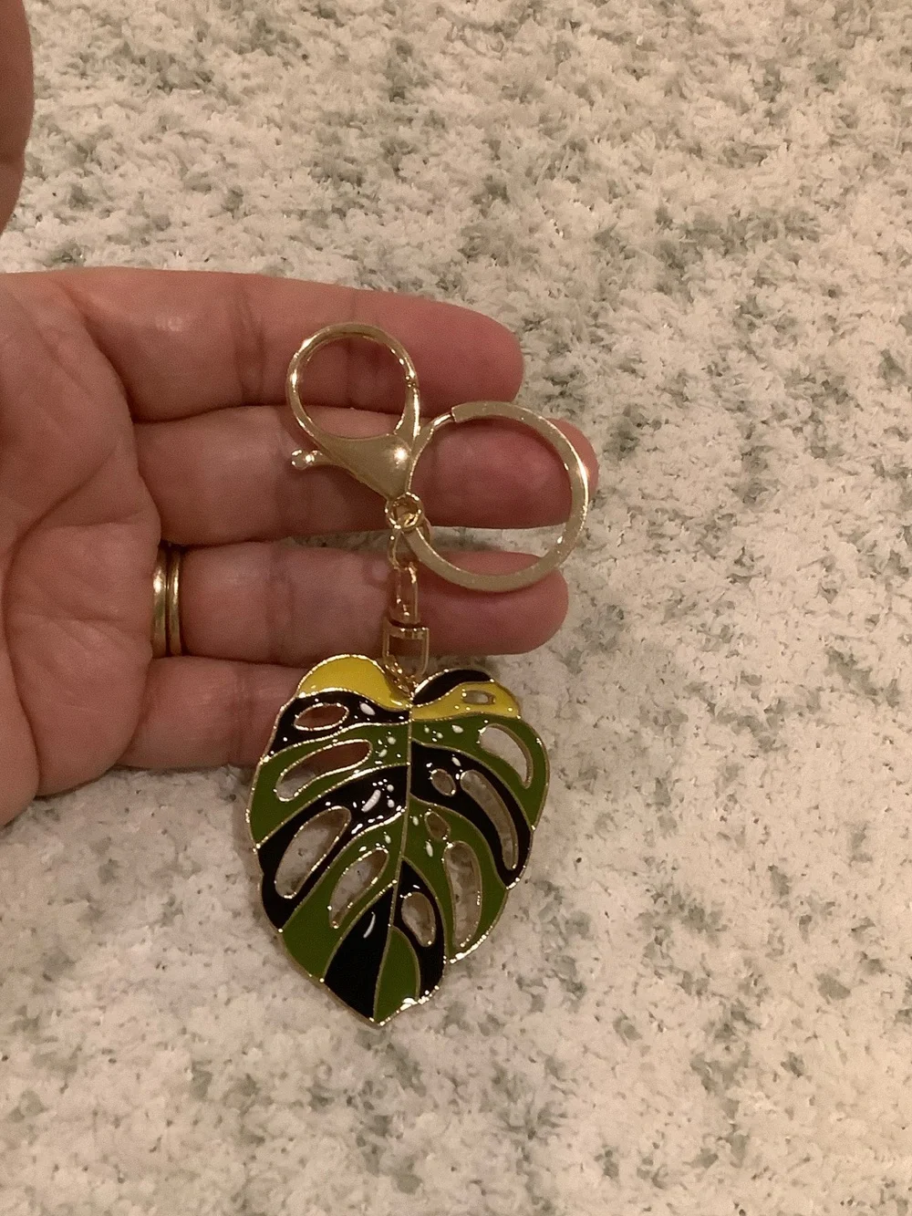 Tropical Monstera Philodendron Leaf Shaped Enamel Keychain Yellow & Green NWT